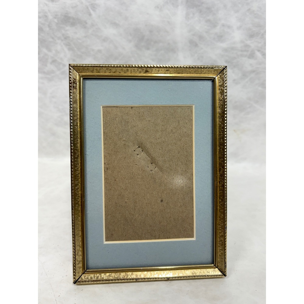 Vintage Intercraft Gold Tone Metal Picture Frame with Blue Mat and Glass 5x7